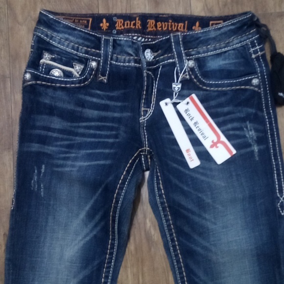 Rock Revival Women's 26 Bootcut Jeri Faux Leather Flap Pockets Distressed NWT - Picture 4 of 13